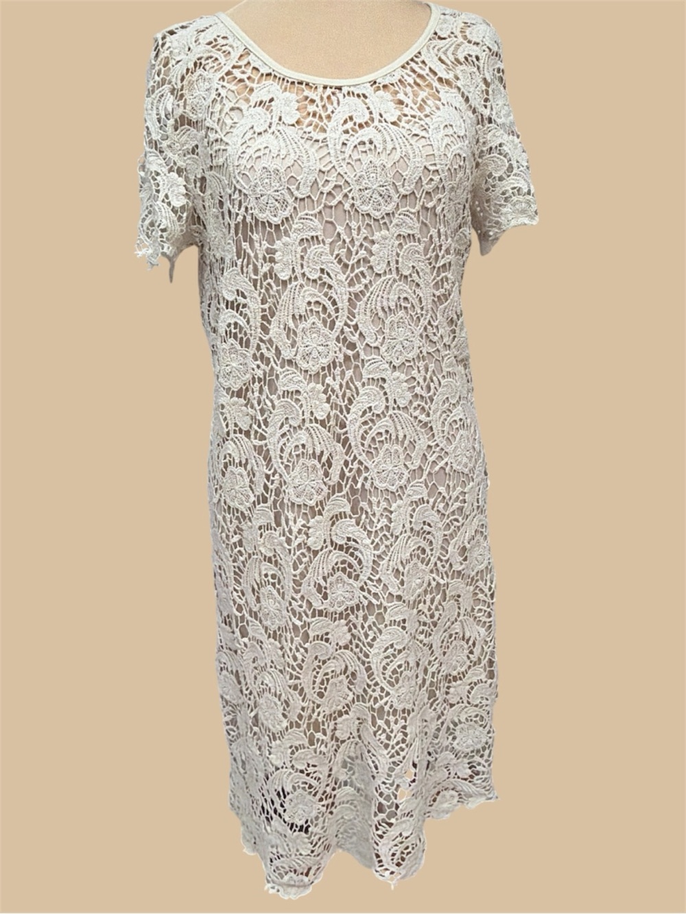 Cream Crochet Lace Shift Dress with removable slip